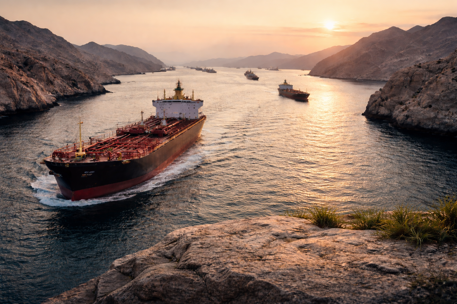 ホルムズ海峡の夕日とタンカー