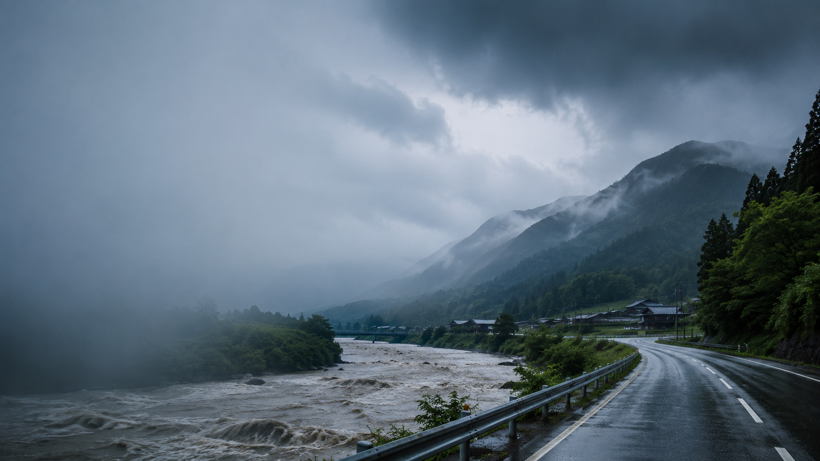 暗い雨雲が立ち込める山間部の風景。増水した川と濡れた道路