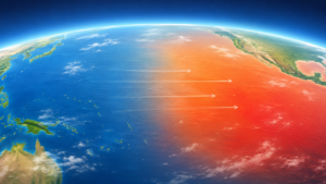 太平洋赤道域の東側で海面水温が高まるエルニーニョ現象と日本列島の位置関係