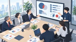 会議室でAI導入の進め方を話し合う日本企業の経営層と若手技術者、机には資料とノートPC