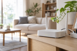棚の上で24時間通電し続ける家庭用Wi-Fiルーターと、積み上がる電気代