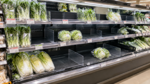 品薄で棚に空きが目立つスーパーの野菜売り場に並ぶ、値上がりしたレタスなどの葉物野菜