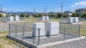 区画ごとに分割設置された低圧の系統用蓄電池と、奥に続く配電線