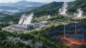 山あいに蒸気が立ちのぼる地熱発電所と、地下深くへ伸びる次世代型地熱の坑井のイメージ