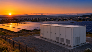 夕暮れの太陽光発電所に併設された産業用蓄電池。FIP転で注目される設備構成