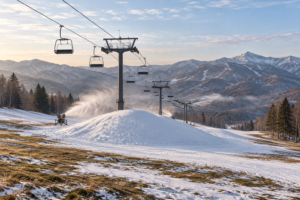 雪の少ないゲレンデに造雪機でつくられた雪山が積まれた初冬のスキー場と、暖冬予報を象徴する山並み