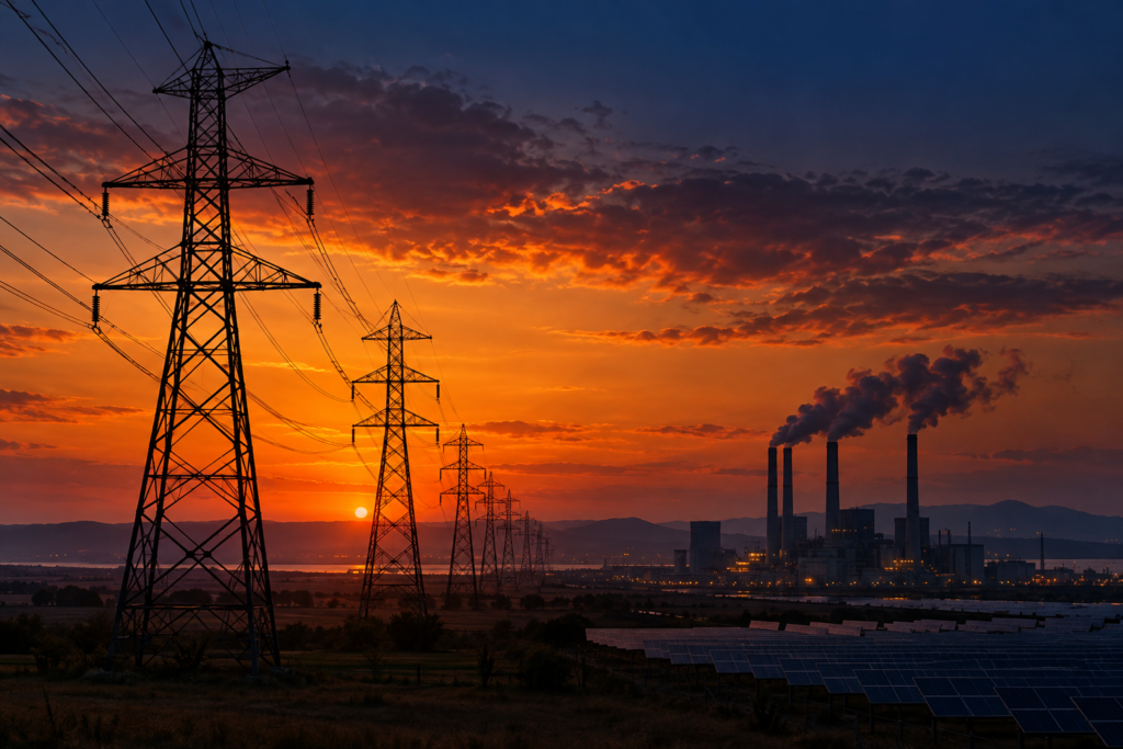 日没直前の送電鉄塔と火力発電所、電力需給が逼迫する夕方の電力系統