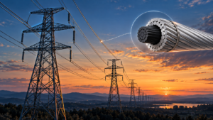 夕暮れの空に連なる高圧送電線の鉄塔と、中心に黒い芯を持つ電線の断面イメージ